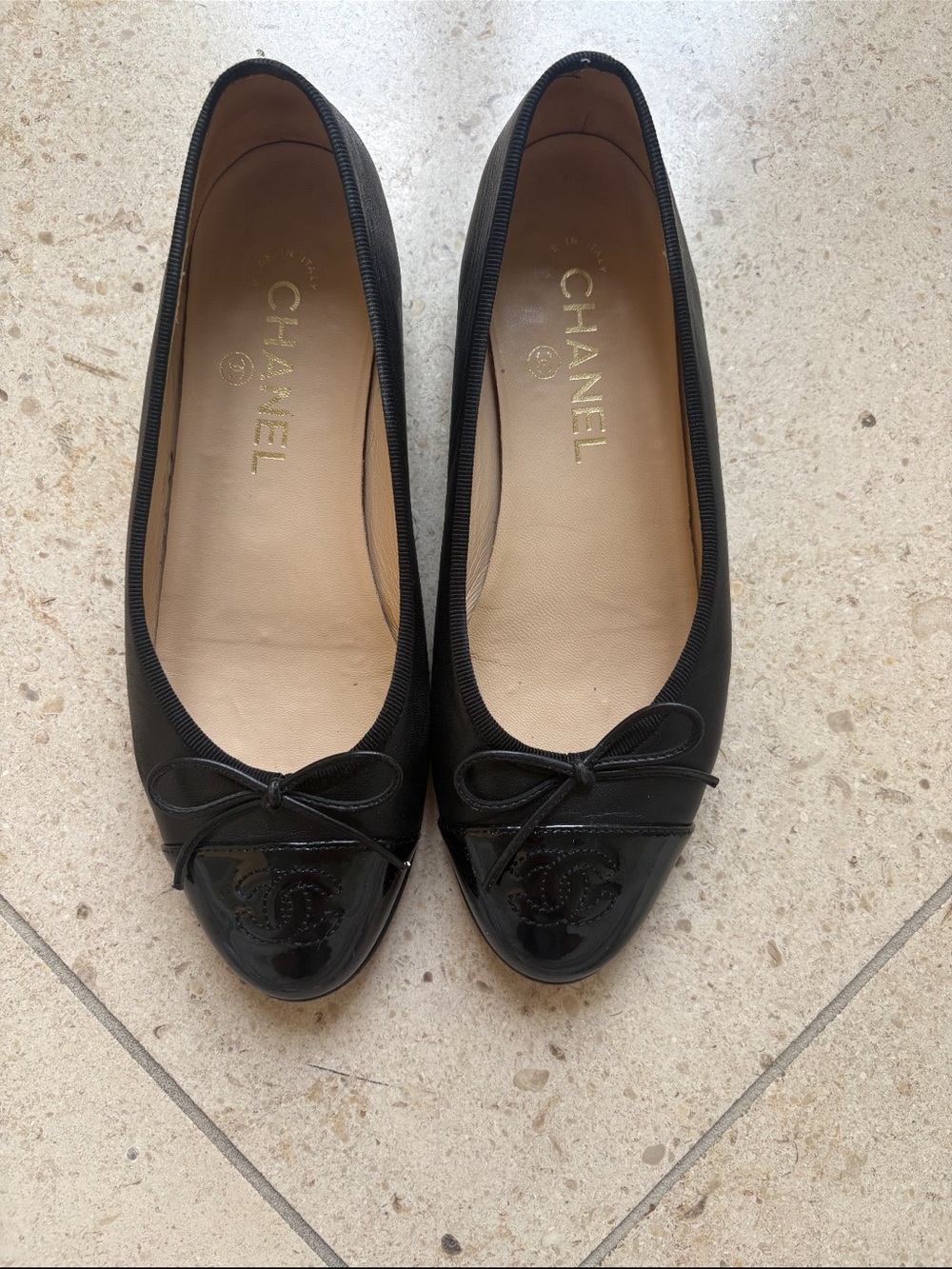 CHANEL Black Patent Cap-Toe Bow Ballet Flats